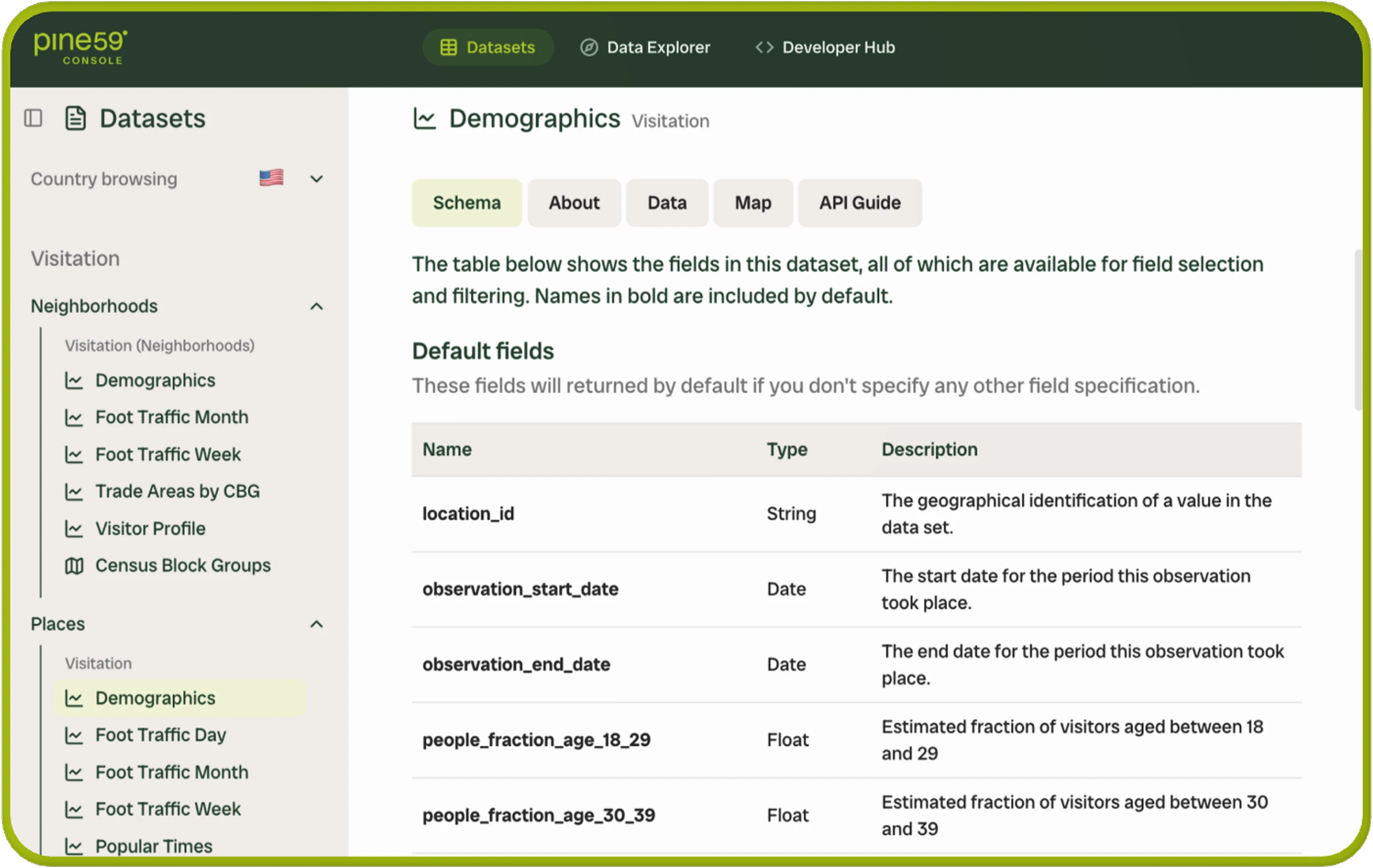 Pine59 Console showing the Demographics dataset schema — field names, types and descriptions