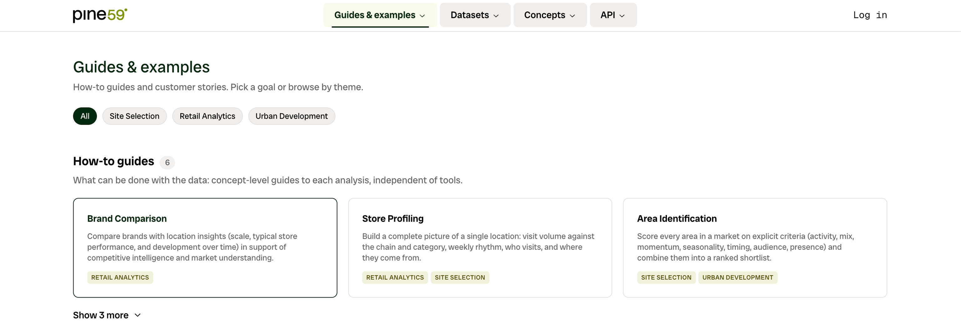 The Pine59 documentation site: the Guides & examples page, with how-to guides like Brand Comparison, Store Profiling and Area Identification