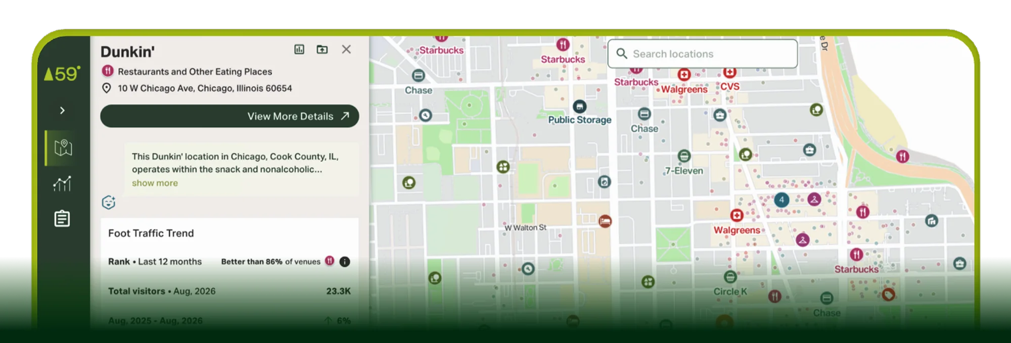 Pine59 Insights showing a Dunkin' location's foot traffic trend, rank and visitor stats