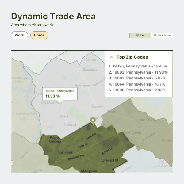 Dynamic trade area choropleth showing where a location's visitors live, with top zip codes