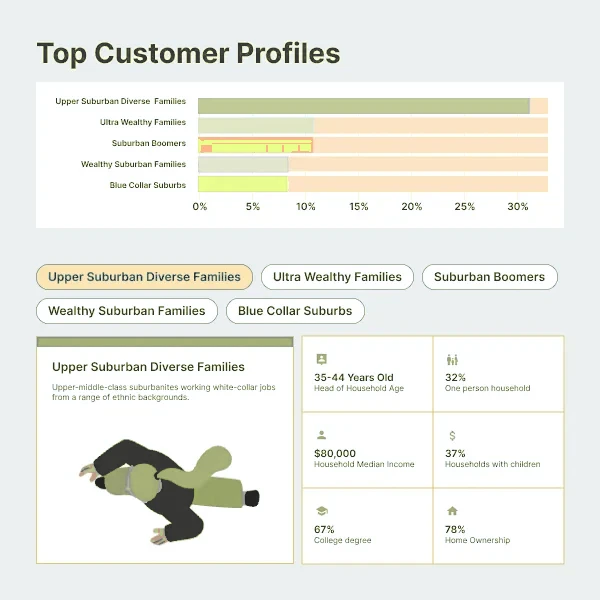 Top customer profiles with segment shares and a persona card of household statistics